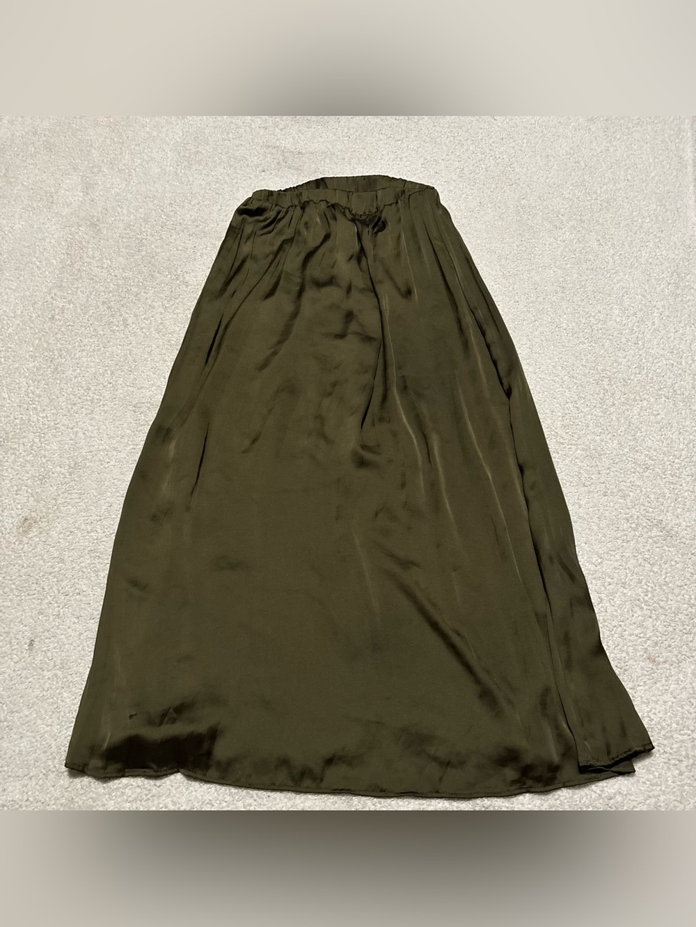 Zara Olive Green Satin Elastic Waist Midi Skirt Size S